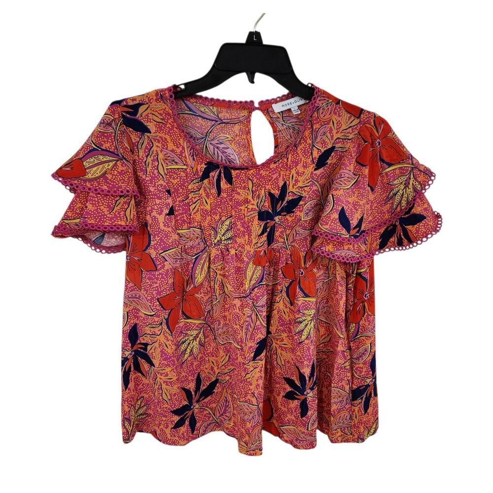 ROSE + OLIVE Blouse Top Large Tiered Flutter Sleeve Tropical Popover Pink Red